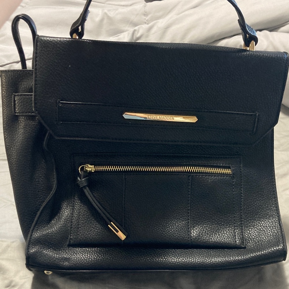 Steve Madden Black Leather Backpack with Gold Accents